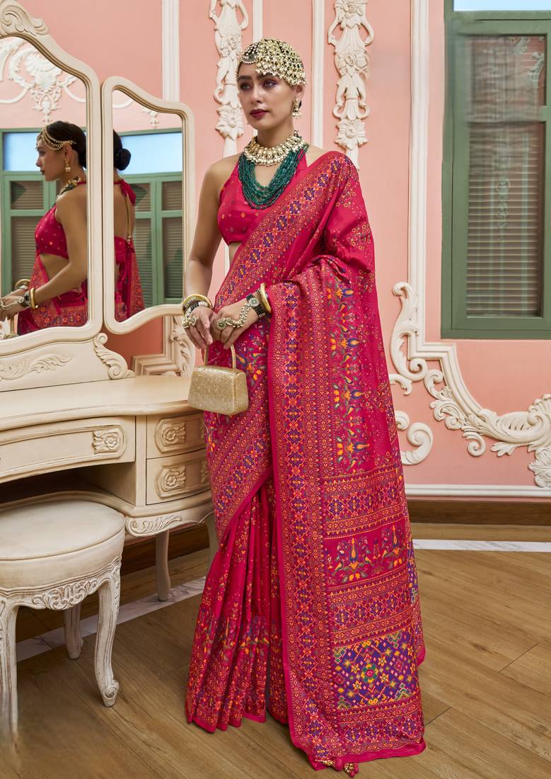 Rani pink color majestic kashmiri design banarasi silk saree with meenakari weaving | premium festival & party wear