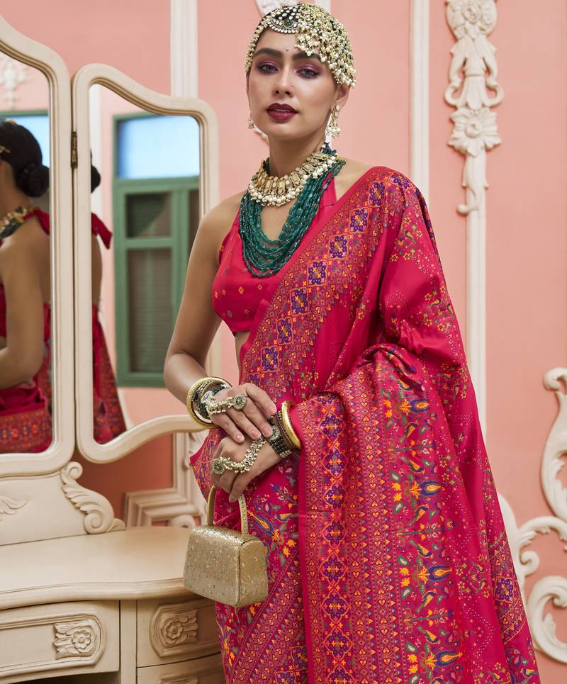 Rani pink color majestic kashmiri design banarasi silk saree with meenakari weaving | premium festival & party wear
