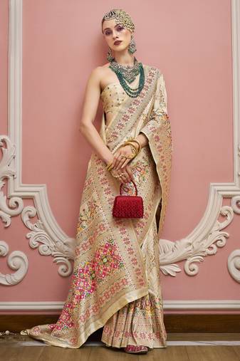 Cream color majestic kashmiri design banarasi silk saree with meenakari weaving | premium festival & party wear