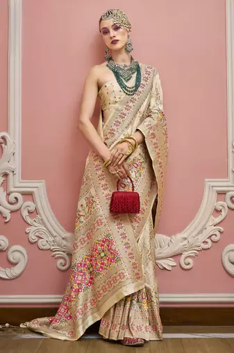 Cream color majestic kashmiri design banarasi silk saree with meenakari weaving | premium festival & party wear