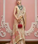 Cream color majestic kashmiri design banarasi silk saree with meenakari weaving | premium festival & party wear