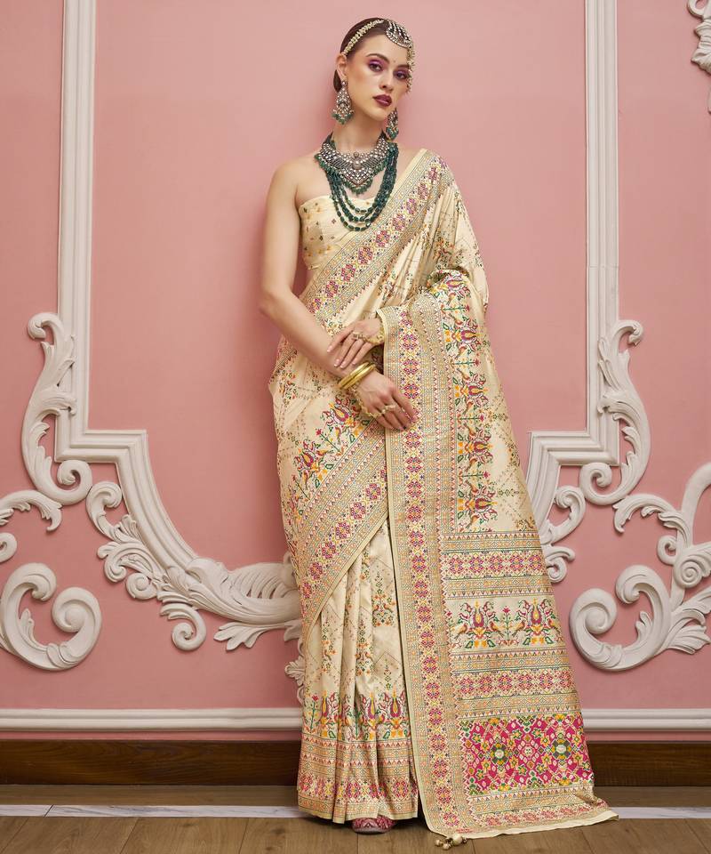 Cream color majestic kashmiri design banarasi silk saree with meenakari weaving | premium festival & party wear