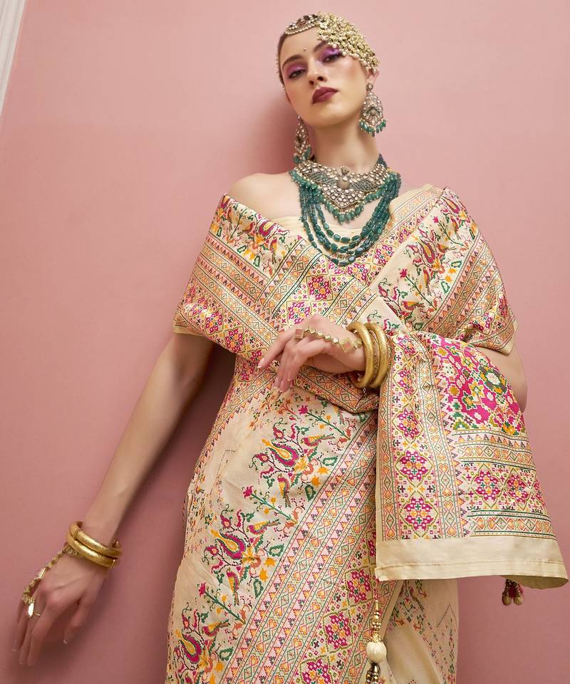 Cream color majestic kashmiri design banarasi silk saree with meenakari weaving | premium festival & party wear