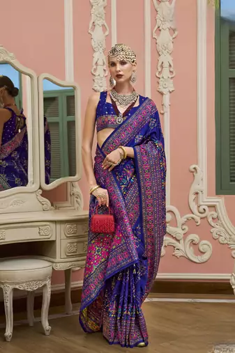 Royal blue color majestic kashmiri design banarasi silk saree with meenakari weaving | premium festival & party wear