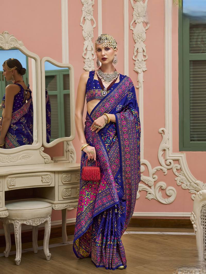 Royal blue color majestic kashmiri design banarasi silk saree with meenakari weaving | premium festival & party wear