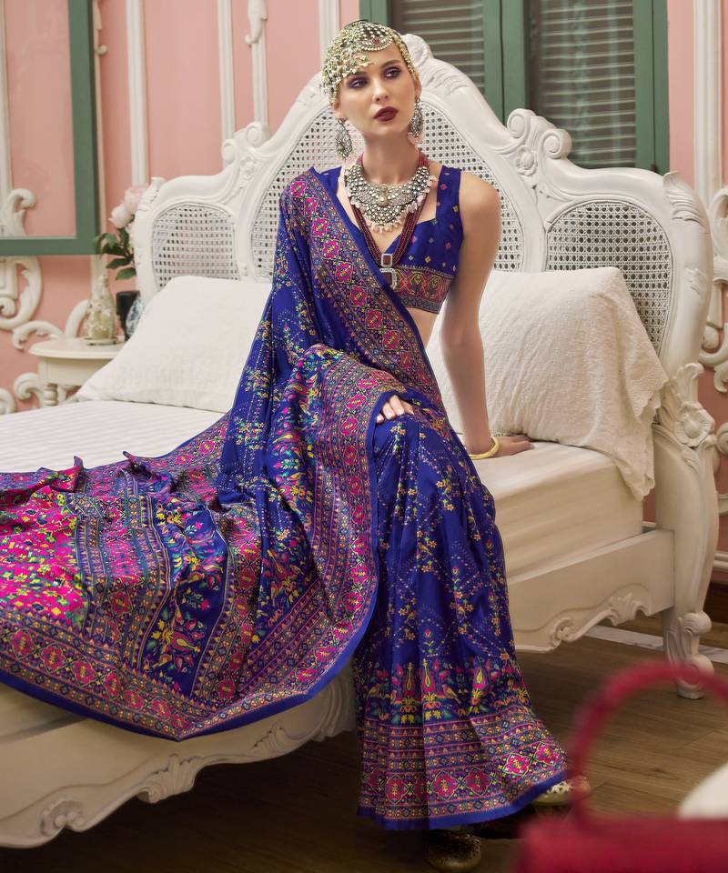 Royal blue color majestic kashmiri design banarasi silk saree with meenakari weaving | premium festival & party wear
