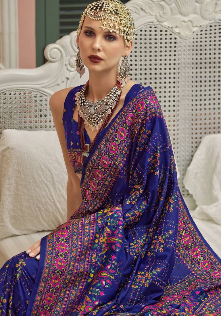 Royal blue color majestic kashmiri design banarasi silk saree with meenakari weaving | premium festival & party wear