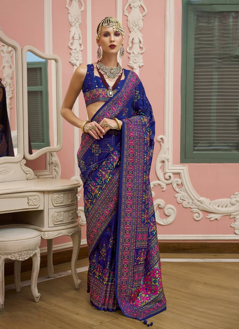 Royal blue color majestic kashmiri design banarasi silk saree with meenakari weaving | premium festival & party wear