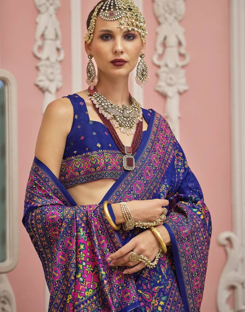 Royal blue color majestic kashmiri design banarasi silk saree with meenakari weaving | premium festival & party wear