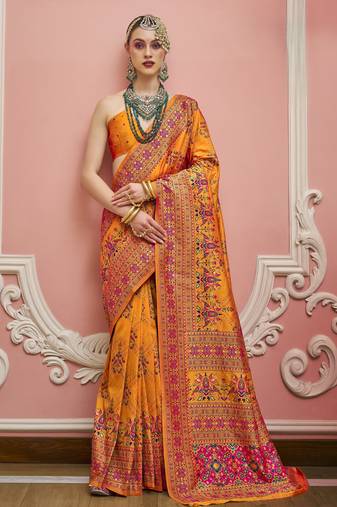 Mustard color majestic kashmiri design banarasi silk saree with meenakari weaving | premium festival & party wear