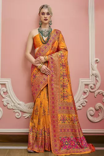 Mustard color majestic kashmiri design banarasi silk saree with meenakari weaving | premium festival & party wear