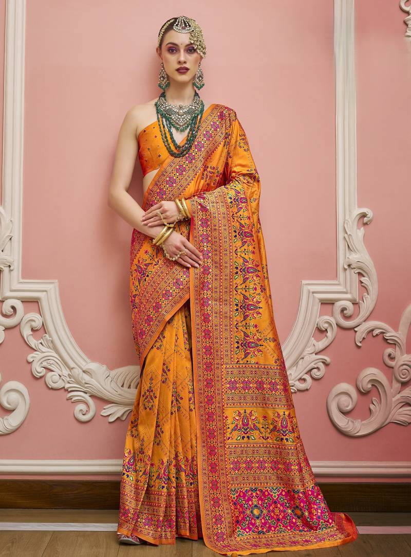 Mustard color majestic kashmiri design banarasi silk saree with meenakari weaving | premium festival & party wear