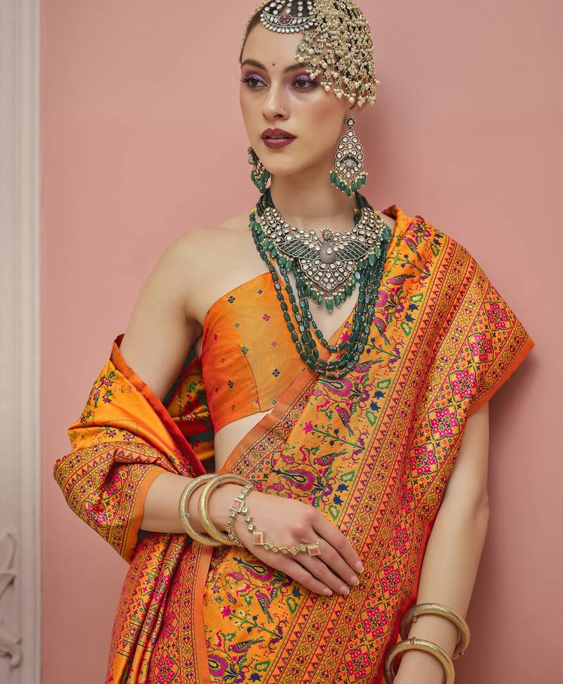 Mustard color majestic kashmiri design banarasi silk saree with meenakari weaving | premium festival & party wear