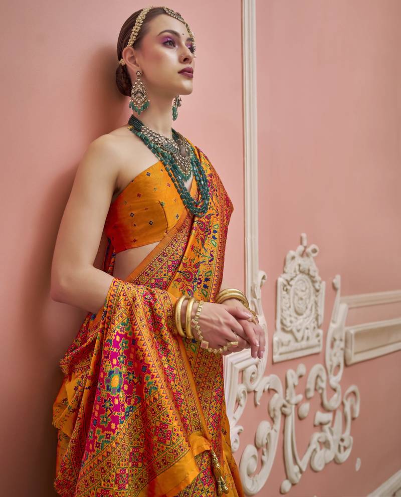 Mustard color majestic kashmiri design banarasi silk saree with meenakari weaving | premium festival & party wear