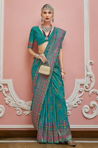 Teal blue color majestic kashmiri design banarasi silk saree with meenakari weaving | premium festival & party wear