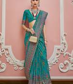 Teal blue color majestic kashmiri design banarasi silk saree with meenakari weaving | premium festival & party wear