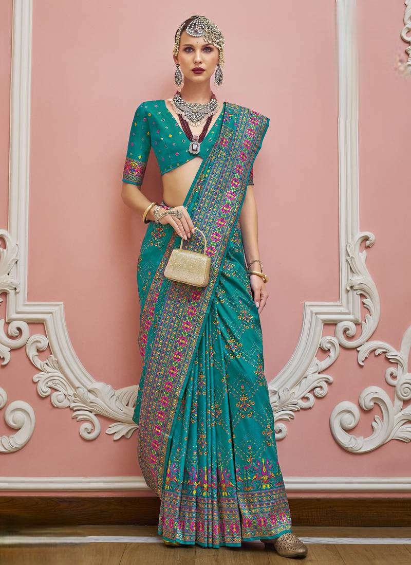 Teal blue color majestic kashmiri design banarasi silk saree with meenakari weaving | premium festival & party wear