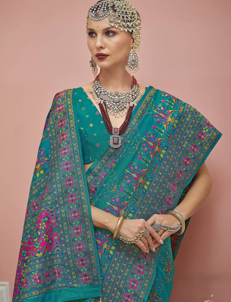 Teal blue color majestic kashmiri design banarasi silk saree with meenakari weaving | premium festival & party wear