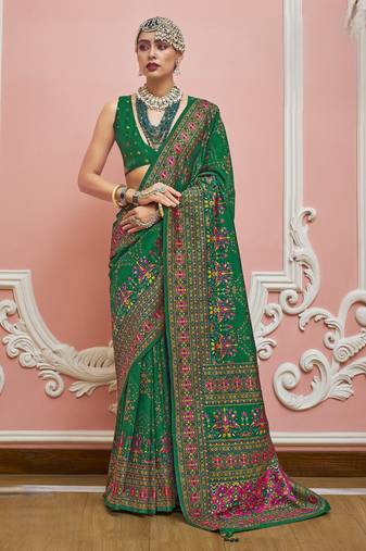 Green color majestic kashmiri design banarasi silk saree with meenakari weaving | premium festival & party wear