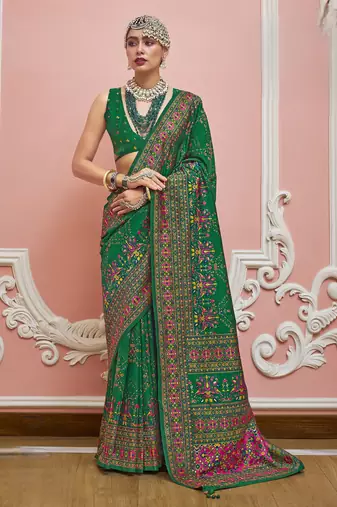 Green color majestic kashmiri design banarasi silk saree with meenakari weaving | premium festival & party wear