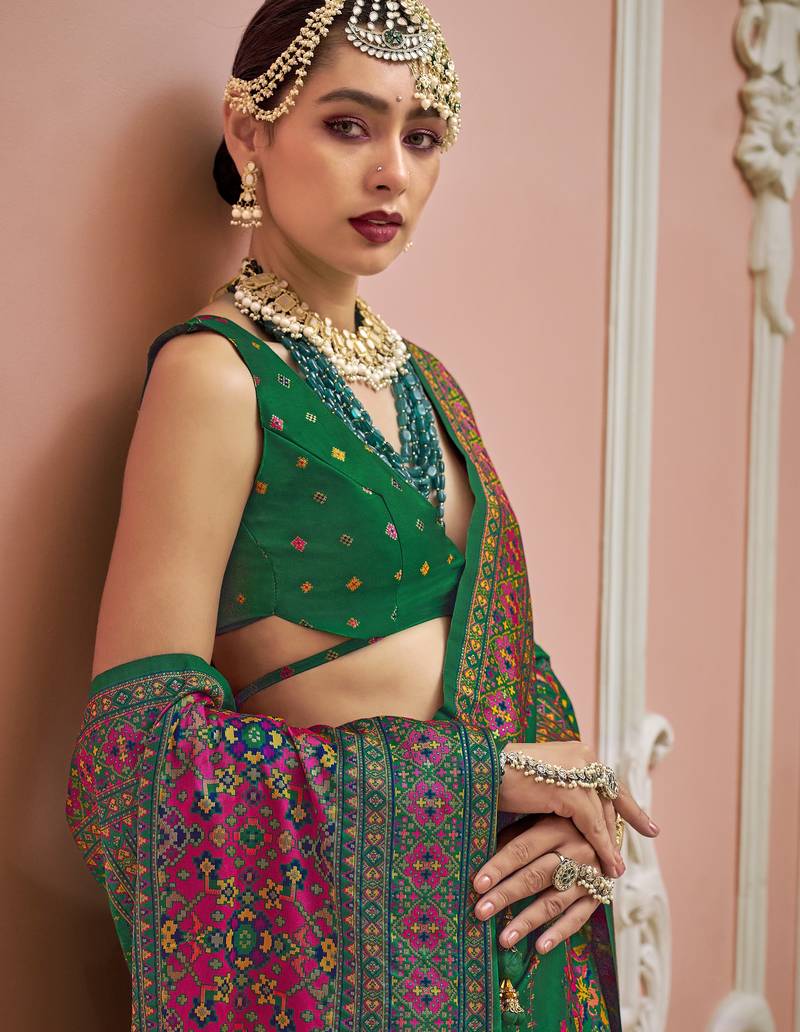 Green color majestic kashmiri design banarasi silk saree with meenakari weaving | premium festival & party wear