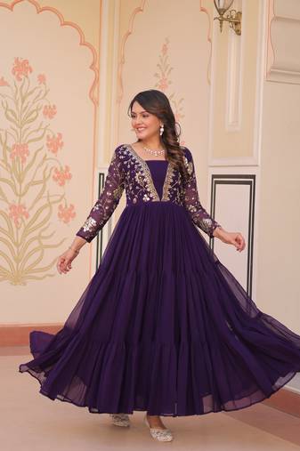 Purple Readymade Gown Collections With Sequins & Zari Embroidered Work