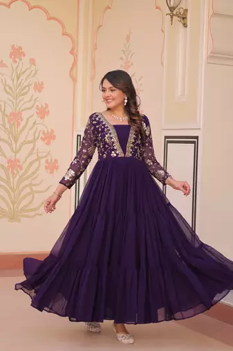 Purple Readymade Gown Collections With Sequins & Zari Embroidered Work