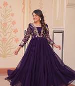Purple Readymade Gown Collections With Sequins & Zari Embroidered Work