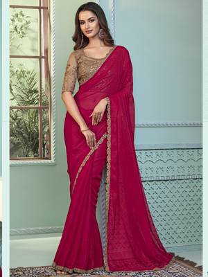 Rani pink embroidered georgette wedding party wear saree with heavy work blouse 1