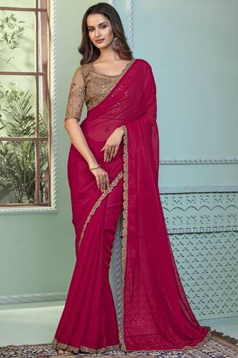 Rani pink embroidered georgette wedding party wear saree with heavy work blouse