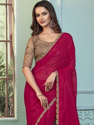 Rani pink embroidered georgette wedding party wear saree with heavy work blouse 3