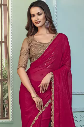 Rani pink embroidered georgette wedding party wear saree with heavy work blouse