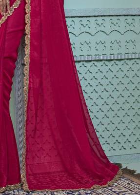Rani pink embroidered georgette wedding party wear saree with heavy work blouse 4