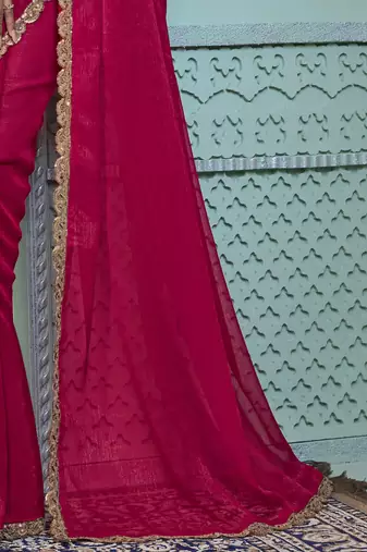 Rani pink embroidered georgette wedding party wear saree with heavy work blouse