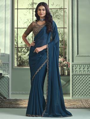 Blue embroidered georgette wedding party wear saree with heavy work blouse 1