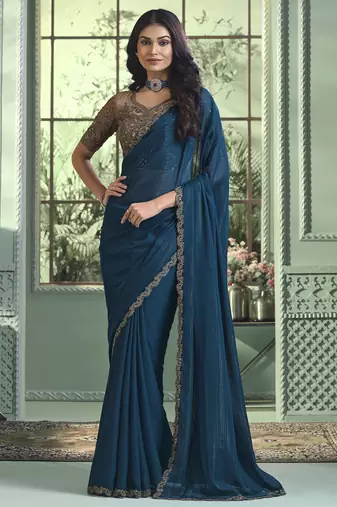 Blue embroidered georgette wedding party wear saree with heavy work blouse
