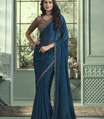 Blue embroidered georgette wedding party wear saree with heavy work blouse