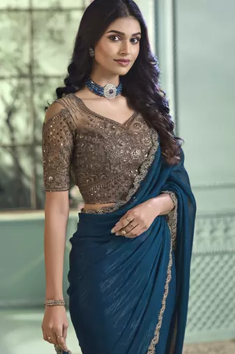 Blue embroidered georgette wedding party wear saree with heavy work blouse