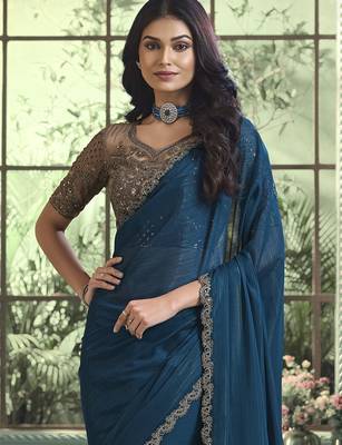 Blue embroidered georgette wedding party wear saree with heavy work blouse 3