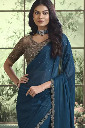 Blue embroidered georgette wedding party wear saree with heavy work blouse