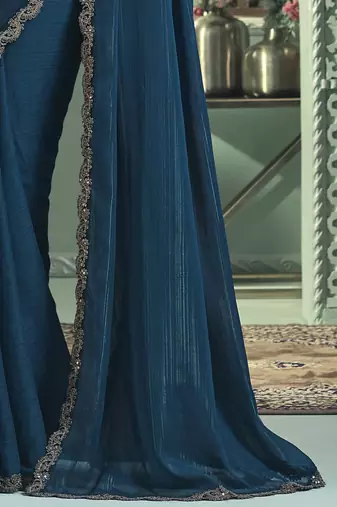 Blue embroidered georgette wedding party wear saree with heavy work blouse