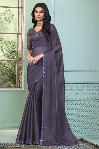 Pastel mauve purple embroidered georgette wedding party wear saree with heavy work blouse