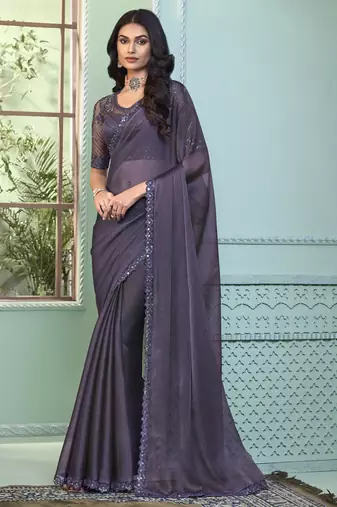 Pastel mauve purple embroidered georgette wedding party wear saree with heavy work blouse