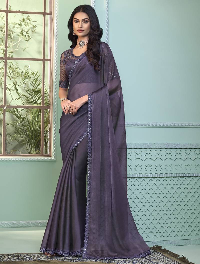 Pastel mauve purple embroidered georgette wedding party wear saree with heavy work blouse