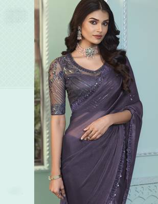 Pastel mauve purple embroidered georgette wedding party wear saree with heavy work blouse 2