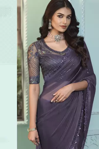 Pastel mauve purple embroidered georgette wedding party wear saree with heavy work blouse
