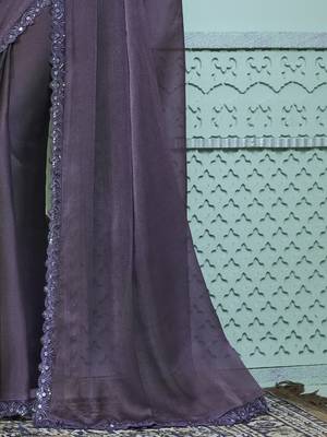 Pastel mauve purple embroidered georgette wedding party wear saree with heavy work blouse 3