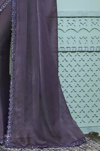 Pastel mauve purple embroidered georgette wedding party wear saree with heavy work blouse