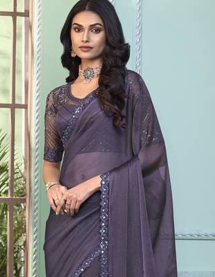 Pastel mauve purple embroidered georgette wedding party wear saree with heavy work blouse 4