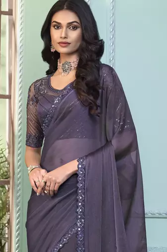 Pastel mauve purple embroidered georgette wedding party wear saree with heavy work blouse